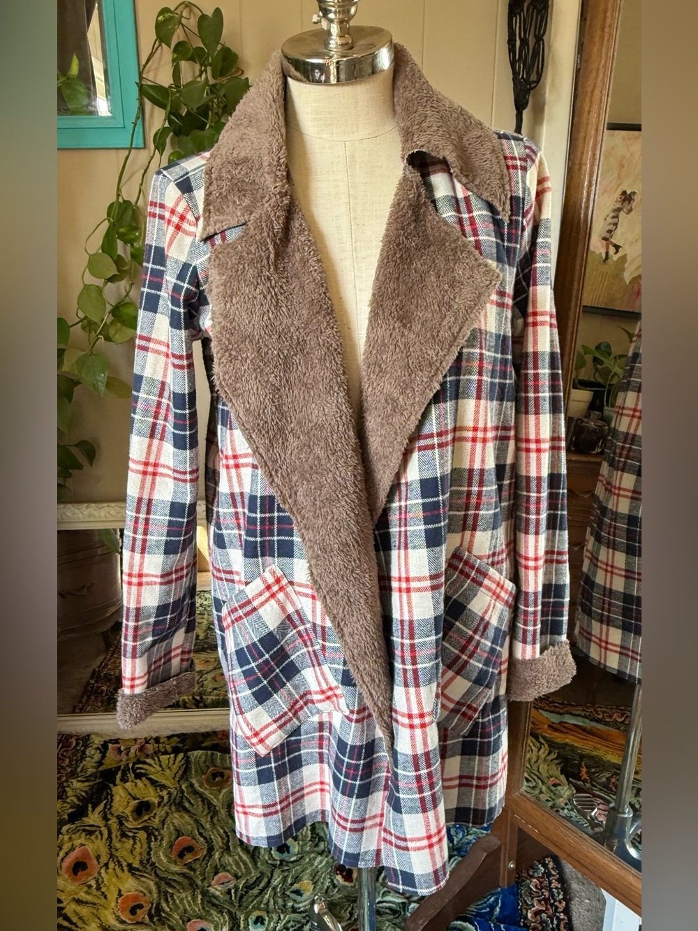 Hem & Thread Plaid Teddy-Lined Open Front Jacket in Navy, Red & Cream, medium